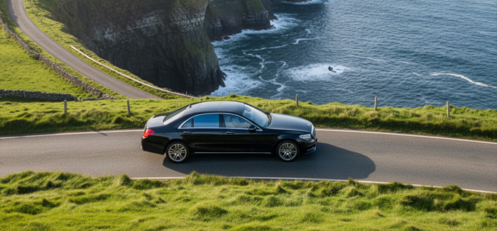 Black chauffeur car on a coast road in the west of Ireland