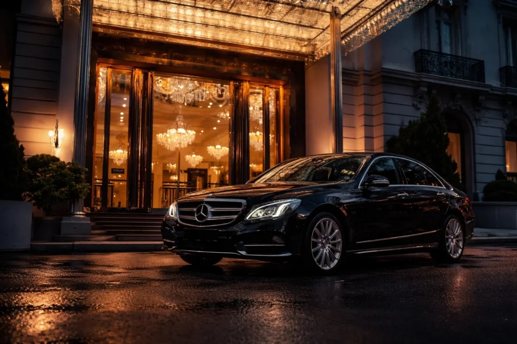Black Mercedes chauffeur car outside a hotel entrance lit up on a winter evening
