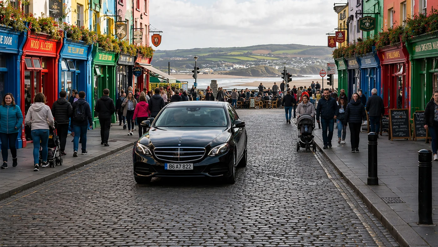 Chauffeur car on a cobbled street of colourful shopfronts in Galway city