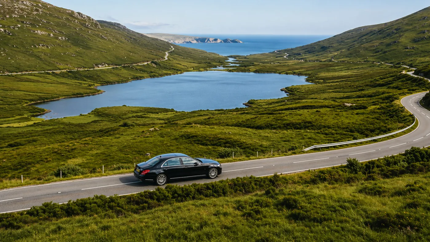 Chauffeur car on a coast road above a lake on the Ring of Kerry in summer