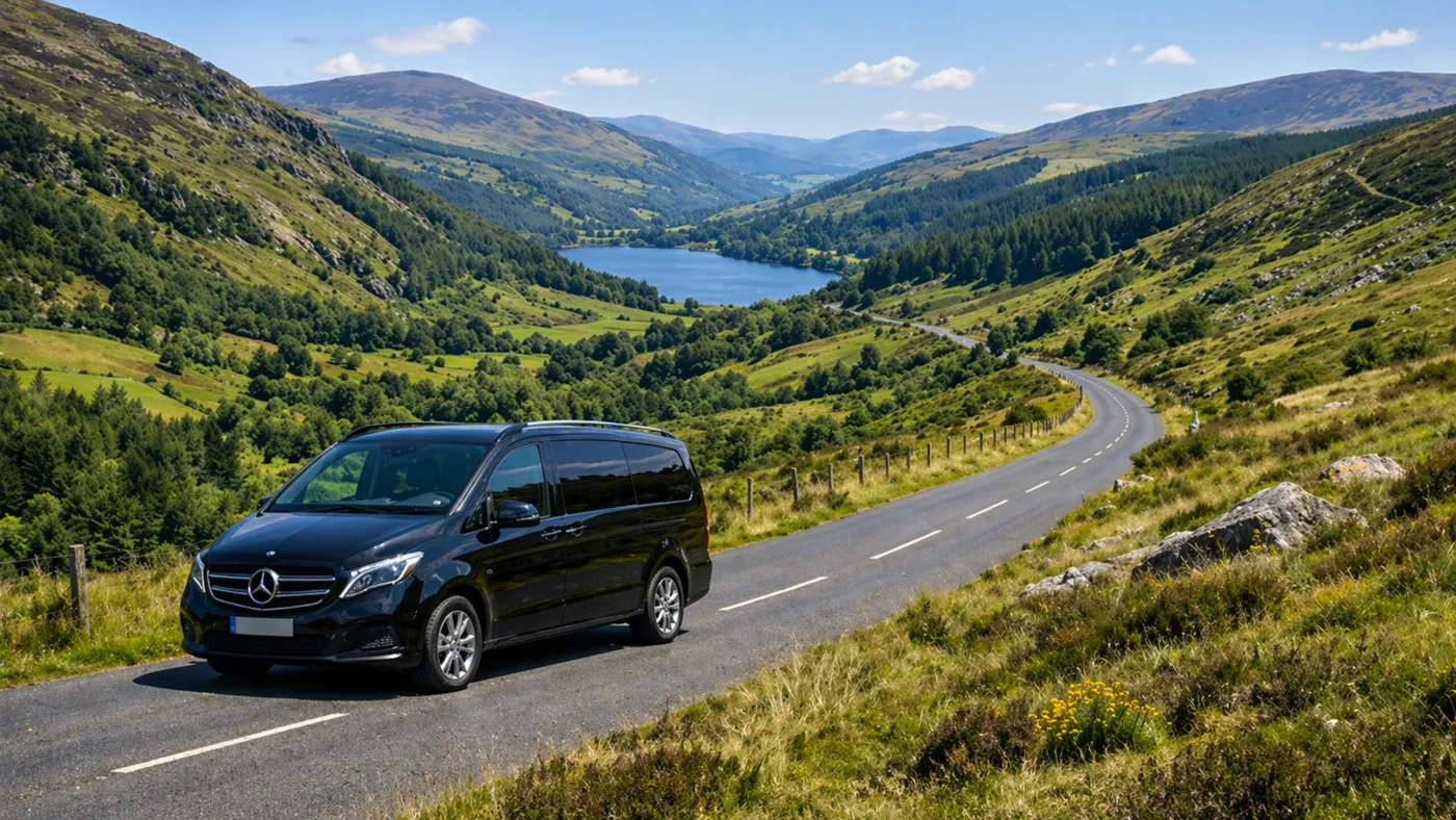 Chauffeur-driven van on a mountain road in the Wicklow Mountains with a lake below